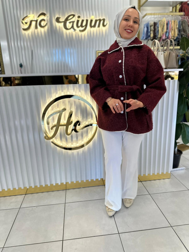 6 Düğmeli Boncuk Kenar Bordo Ceket